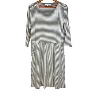 Boden Knit Janie Dress Size 16L Gray Striped Cotton Pockets Zip Shoulder Comfort